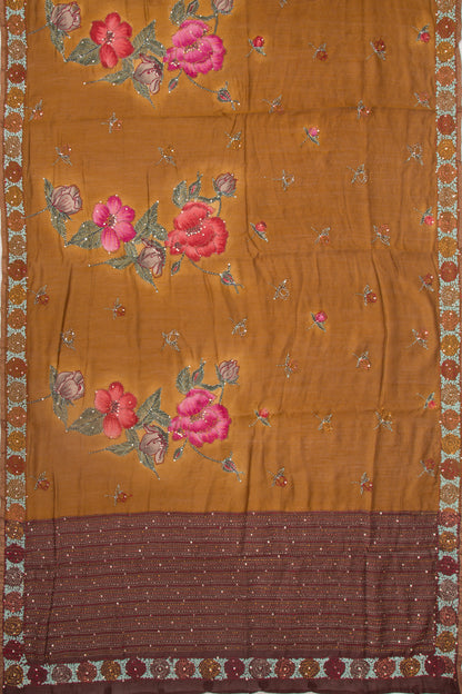 Chanderi Silk Printed And Kantha Work Brown Saree