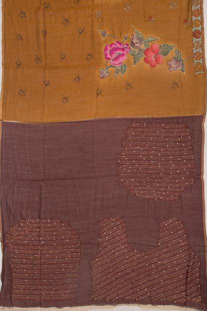 Chanderi Silk Printed And Kantha Work Brown Saree