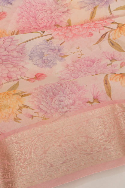 Organza Floral Printed Baby Pink Saree