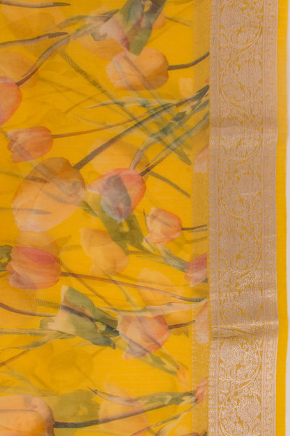 Organza Floral Printed Yellow Saree