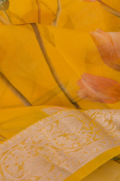 Organza Floral Printed Yellow Saree