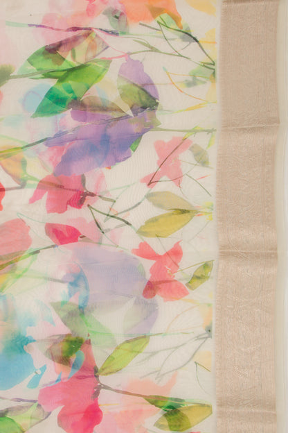 Organza Floral Printed Off White Saree
