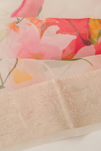 Organza Floral Printed Off White Saree