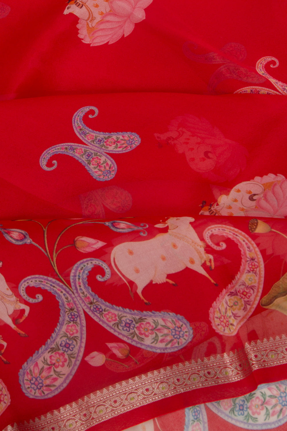 Organza Pichwai Printed Red Saree