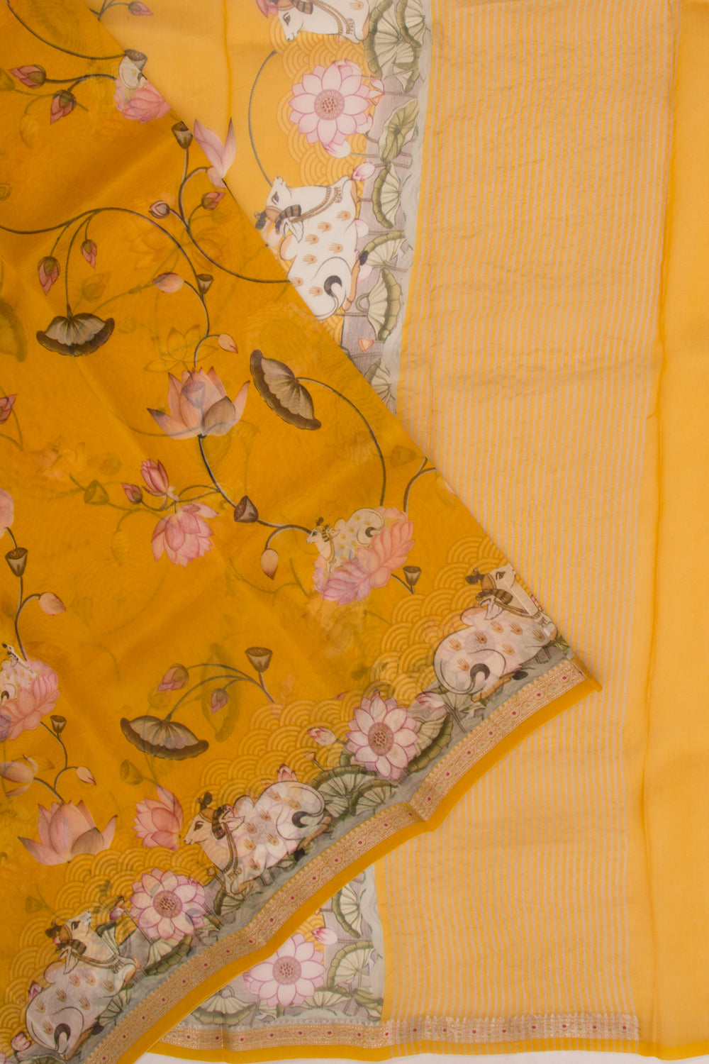 Organza Pichwai Printed Mustard Yellow Saree