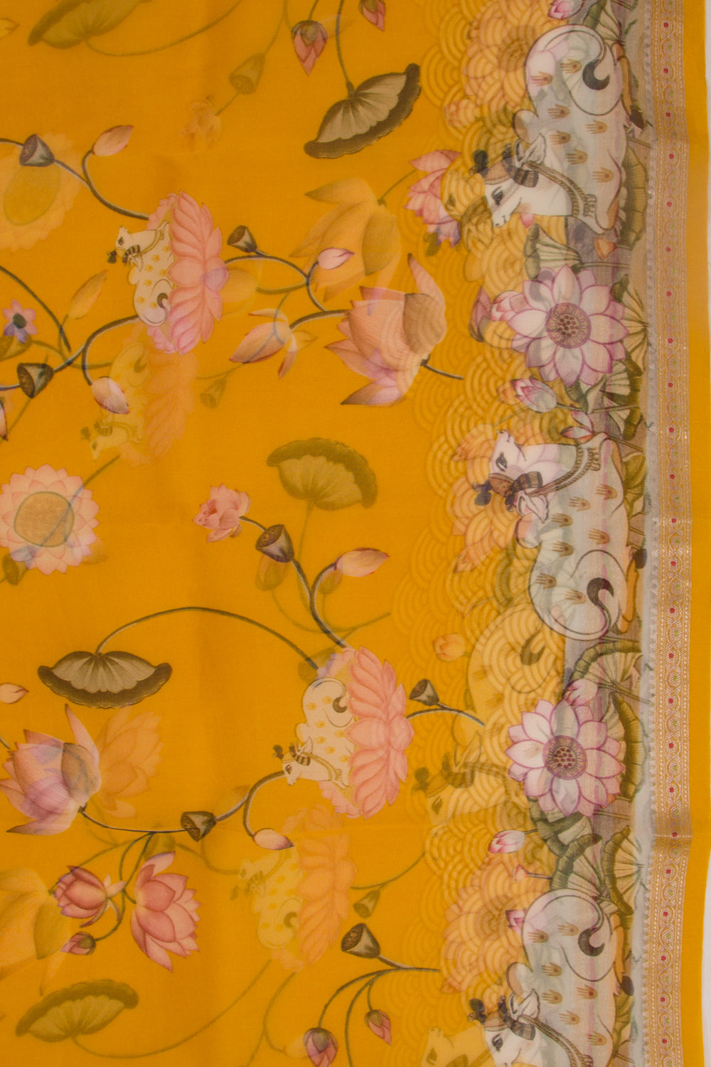 Organza Pichwai Printed Mustard Yellow Saree