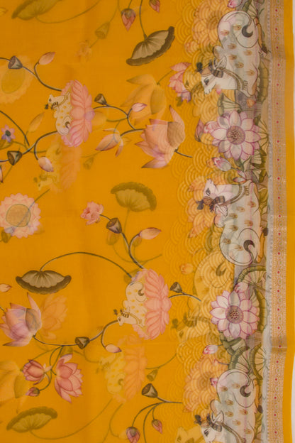 Organza Pichwai Printed Mustard Yellow Saree