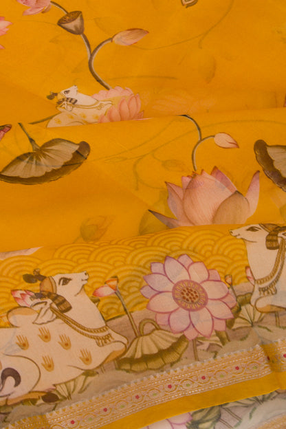 Organza Pichwai Printed Mustard Yellow Saree