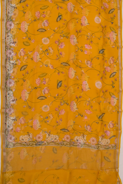 Organza Pichwai Printed Mustard Yellow Saree