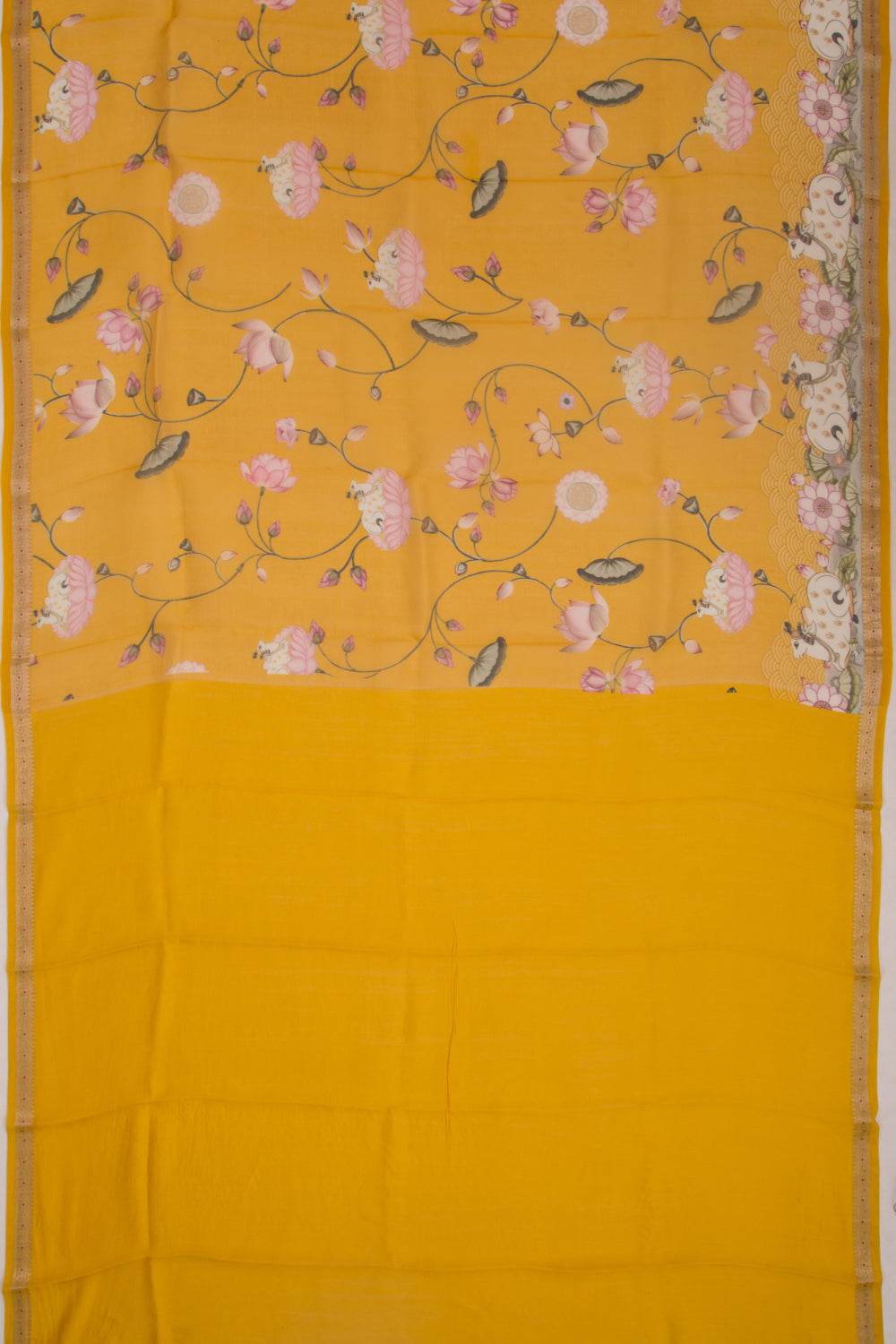 Organza Pichwai Printed Mustard Yellow Saree