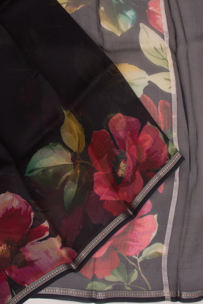 Organza Floral Printed Black Saree