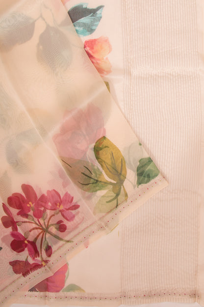 Organza Floral Printed Cream Saree
