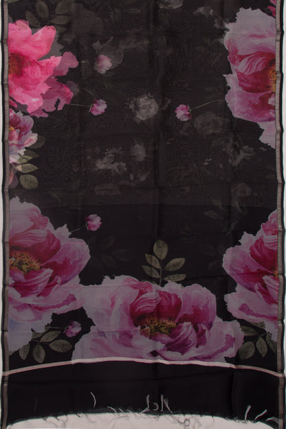 Organza Floral Printed Black Saree