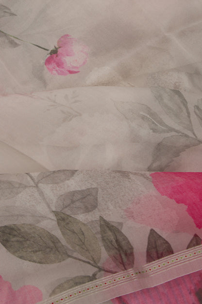 Organza Floral Printed Off White Saree