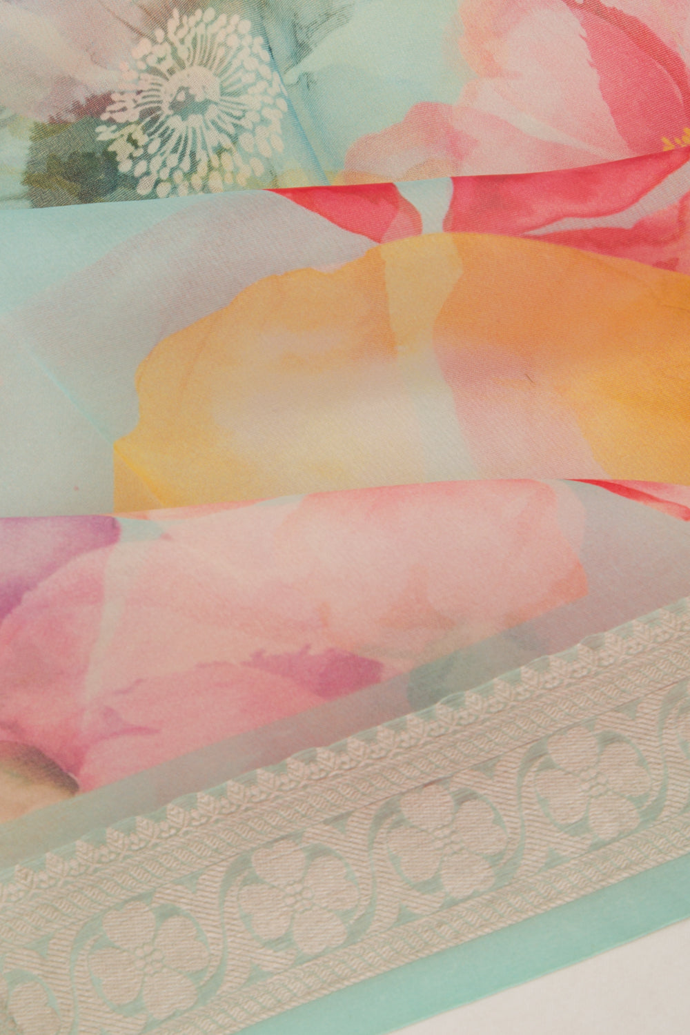 Organza Floral Printed Sea Green Saree