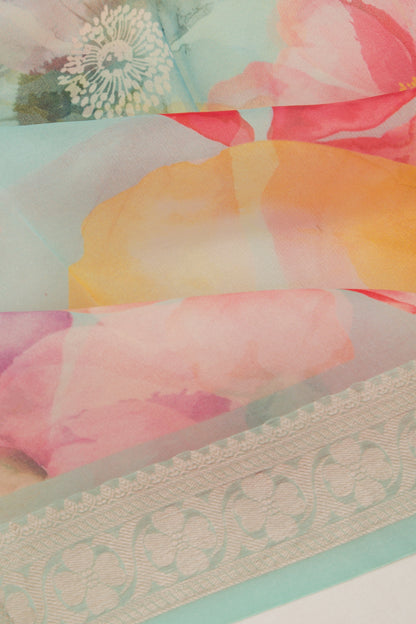 Organza Floral Printed Sea Green Saree