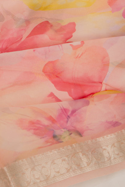 Organza Floral Printed Peach Saree