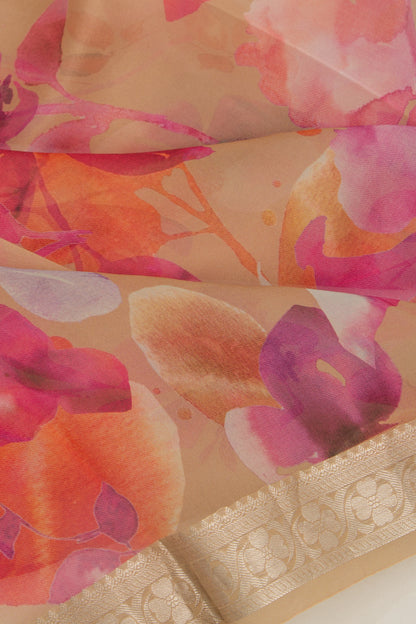 Organza Floral Printed Cream Saree