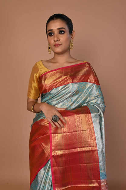 Kanchipuram Silk Tissue Brocade Sky Blue Saree