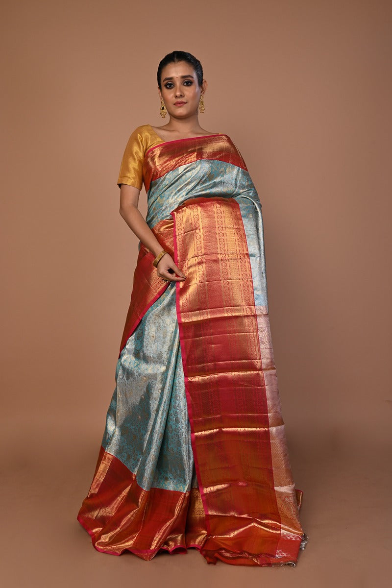 Kanchipuram Silk Tissue Brocade Sky Blue Saree