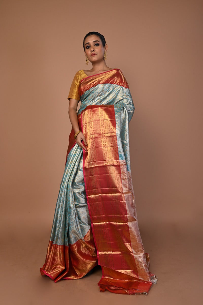 Kanchipuram Silk Tissue Brocade Sky Blue Saree