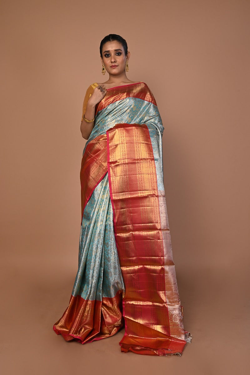 Kanchipuram Silk Tissue Brocade Sky Blue Saree