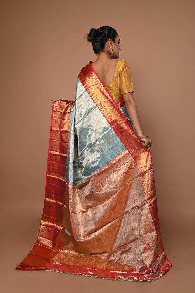 Kanchipuram Silk Tissue Brocade Sky Blue Saree