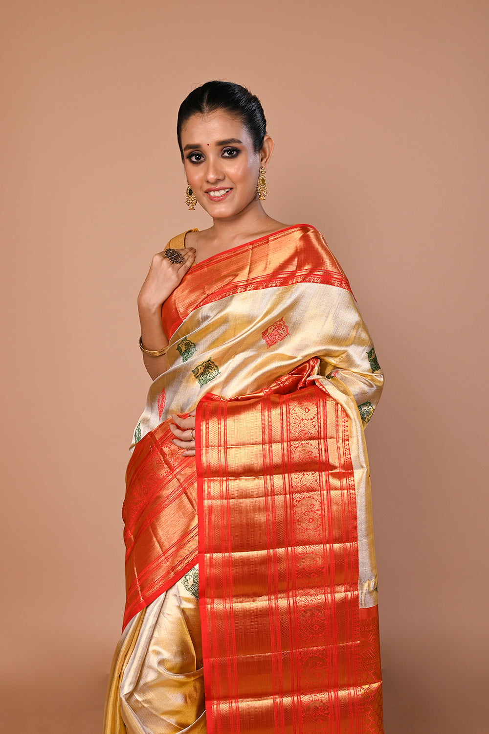 Kanchipuram Silk Tissue Butta Gold Saree