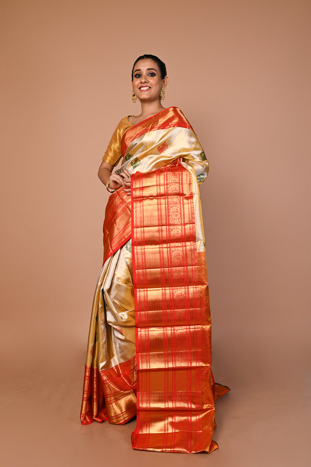 Kanchipuram Silk Tissue Butta Gold Saree