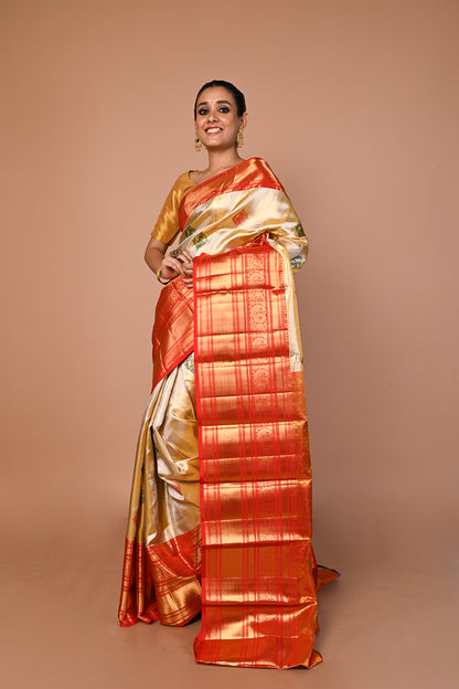Kanchipuram Silk Tissue Butta Gold Saree