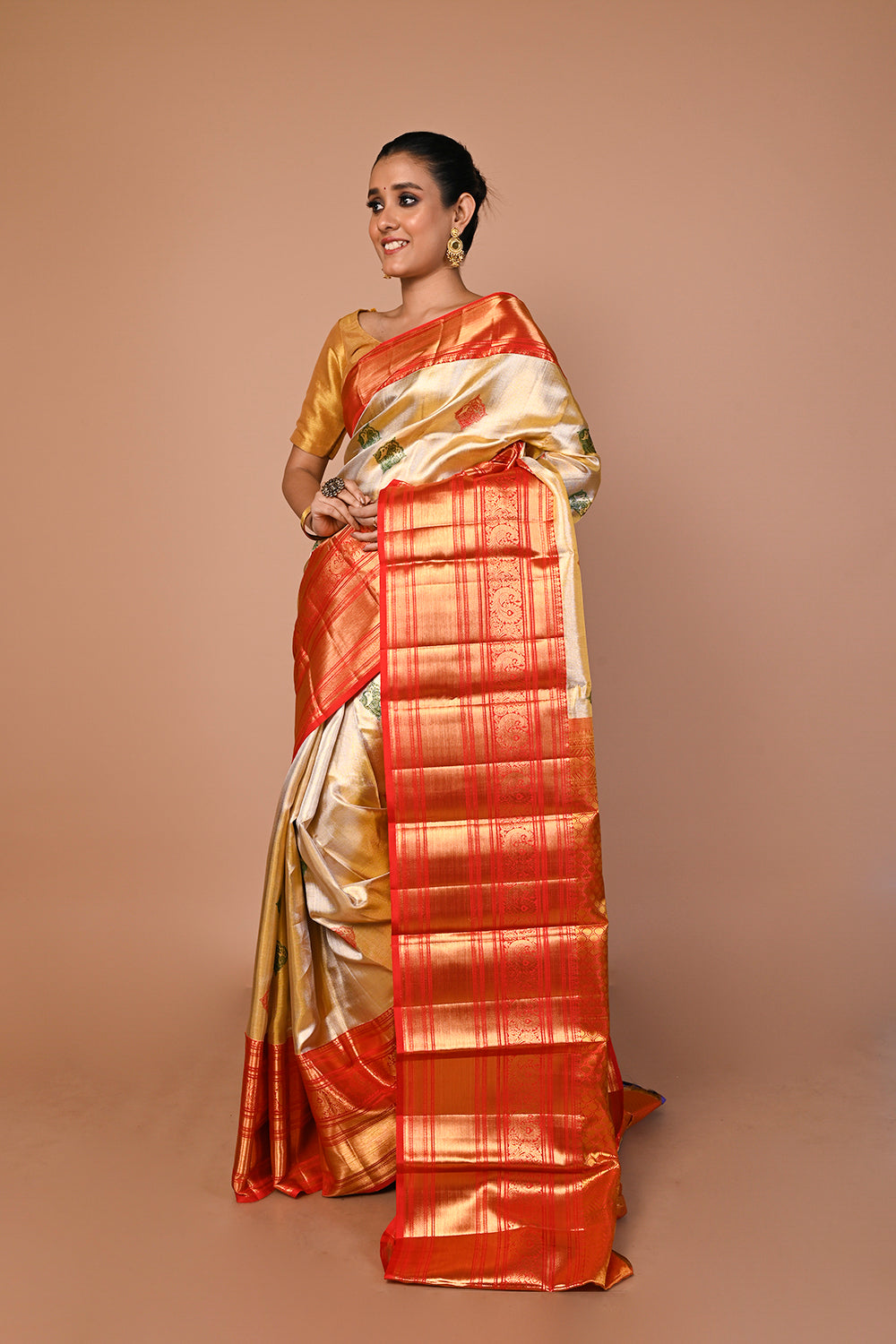 Kanchipuram Silk Tissue Butta Gold Saree
