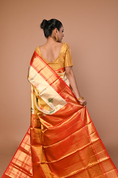 Kanchipuram Silk Tissue Butta Gold Saree