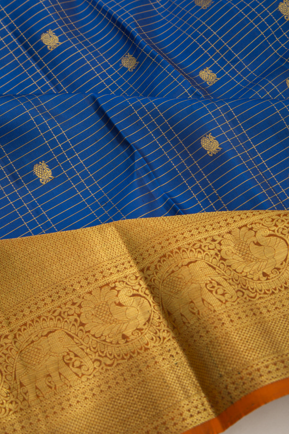 Kanchipuram Silk Checks And Butta Dark Blue Saree