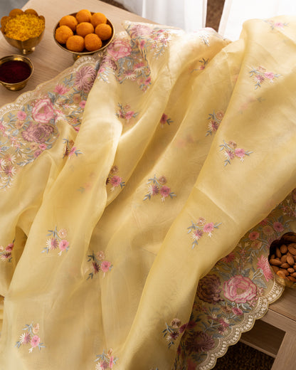 Organza Floral Embroidery Yellow Saree With Rakhi And Gift Box