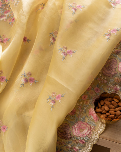 Organza Floral Embroidery Yellow Saree With Rakhi And Gift Box