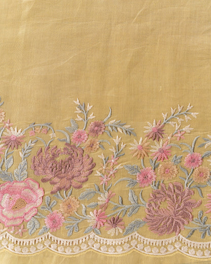 Organza Floral Embroidery Yellow Saree With Rakhi And Gift Box