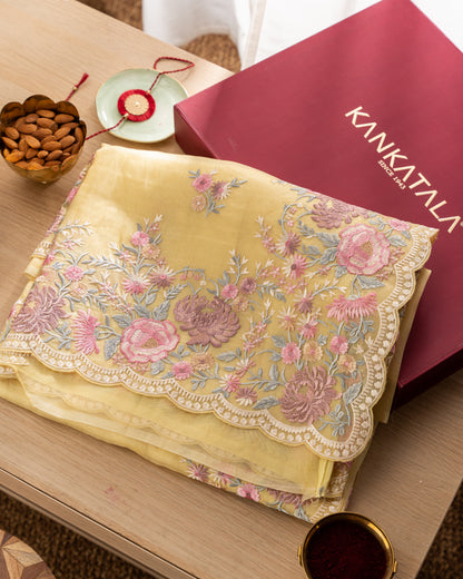 Organza Floral Embroidery Yellow Saree With Rakhi And Gift Box
