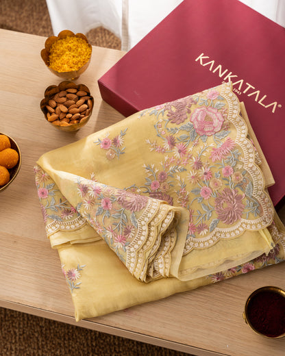 Organza Floral Embroidery Yellow Saree With Rakhi And Gift Box