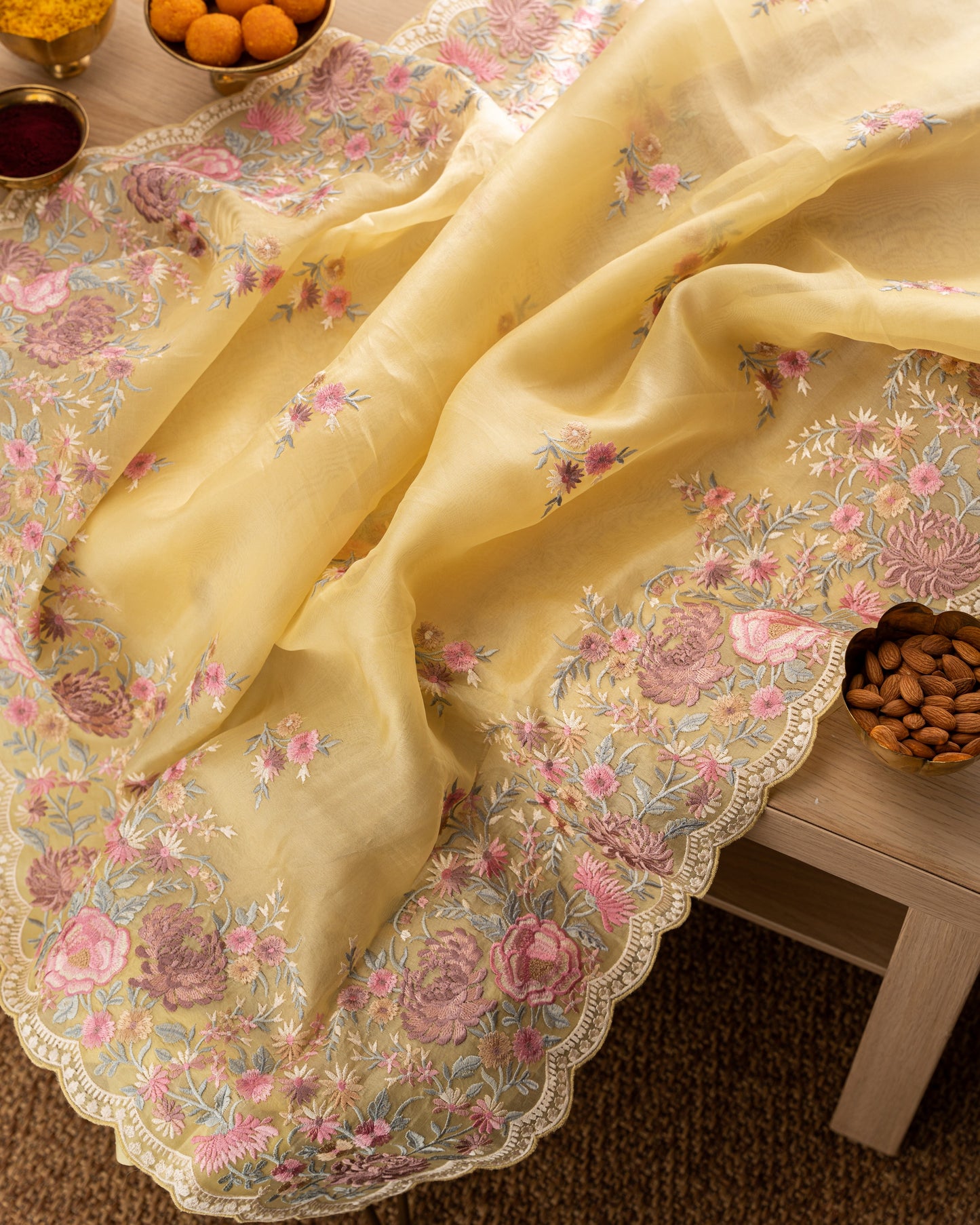 Organza Floral Embroidery Yellow Saree With Rakhi And Gift Box