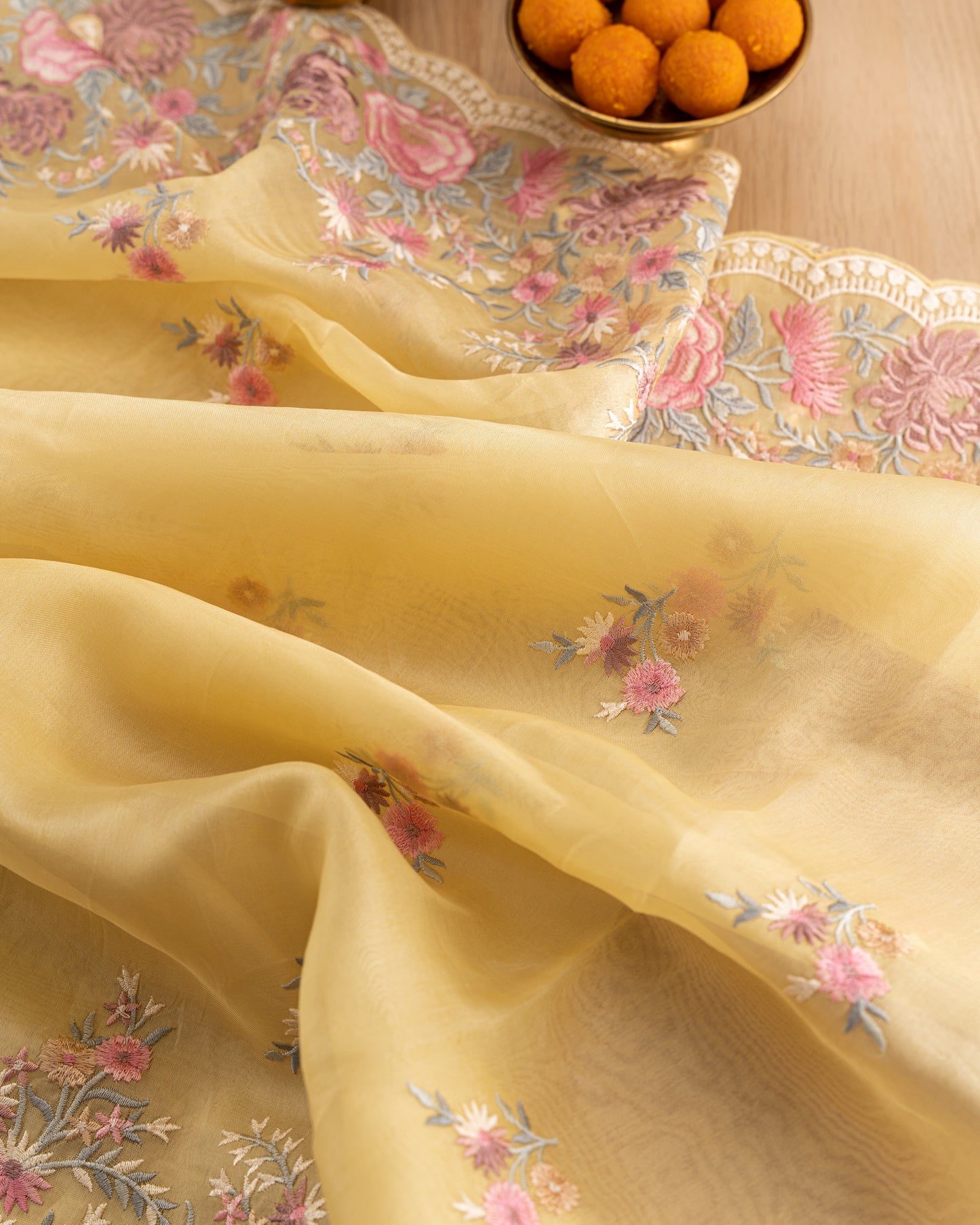 Organza Floral Embroidery Yellow Saree With Rakhi And Gift Box