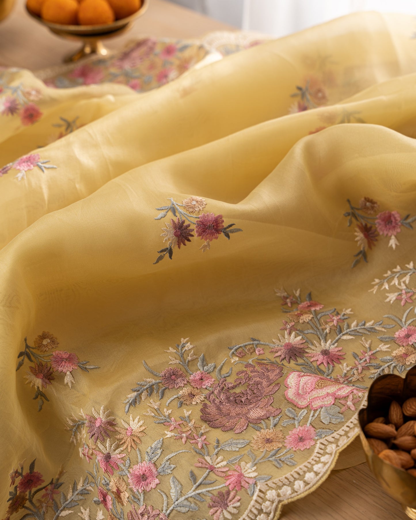 Organza Floral Embroidery Yellow Saree With Rakhi And Gift Box