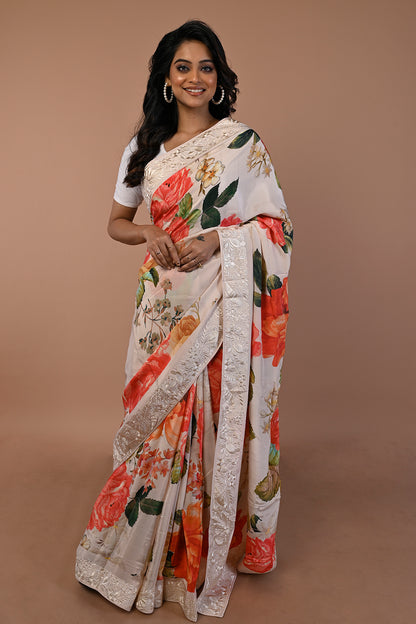 Satin Floral Printed Cream Saree