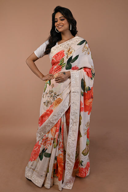 Satin Floral Printed Cream Saree