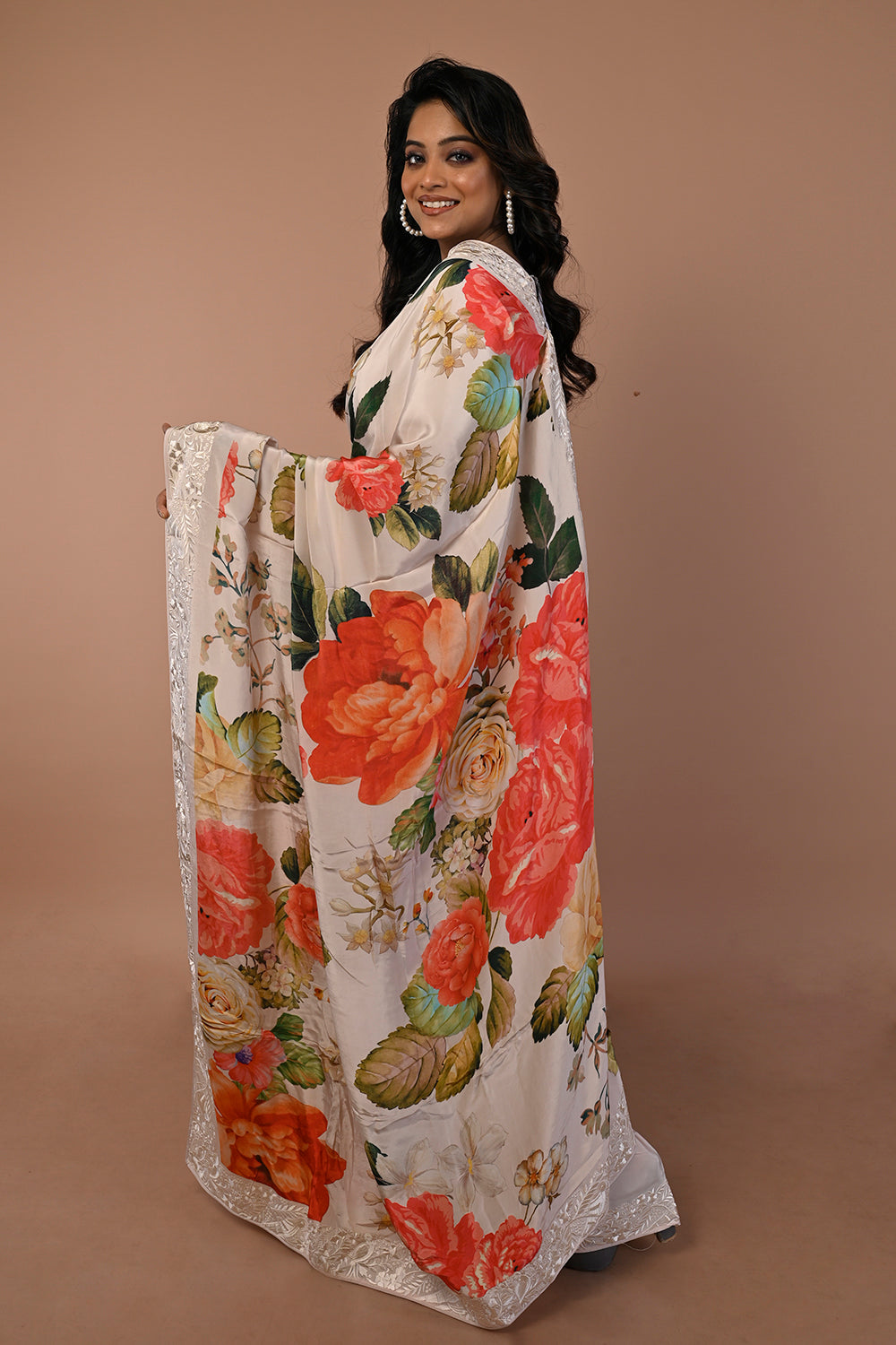 Satin Floral Printed Cream Saree