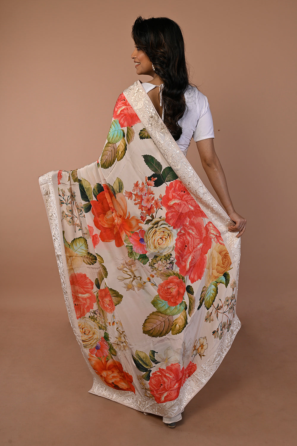 Satin Floral Printed Cream Saree