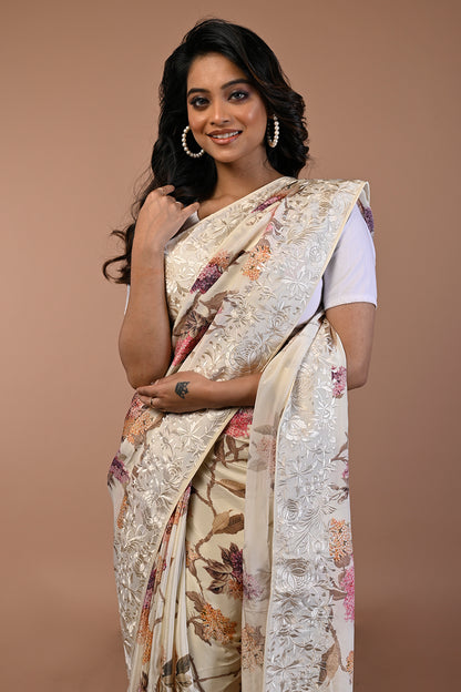 Satin Floral Printed Cream Saree