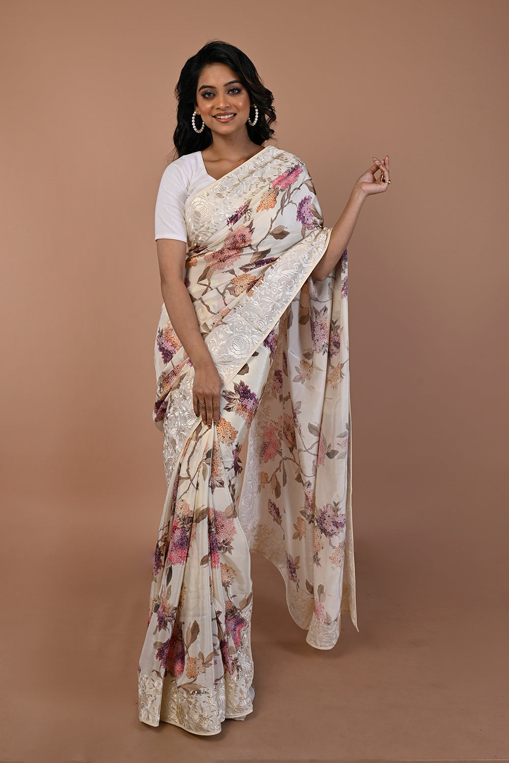 Satin Floral Printed Cream Saree