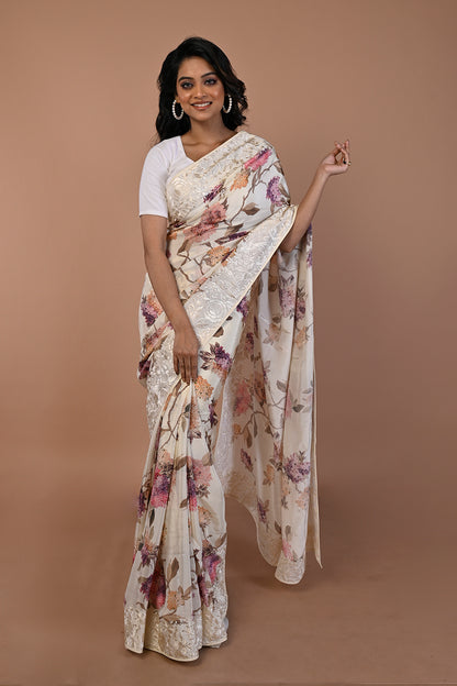 Satin Floral Printed Cream Saree