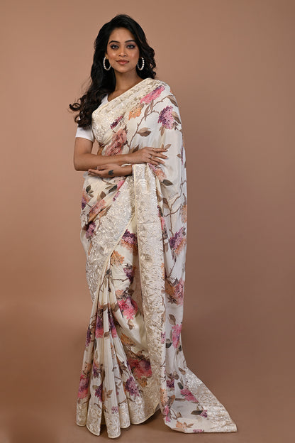 Satin Floral Printed Cream Saree
