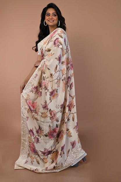 Satin Floral Printed Cream Saree